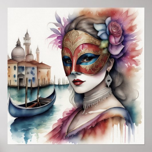Waterverf Schilderij Vrouw Venetiaanse Masker III Poster (Voorkant)