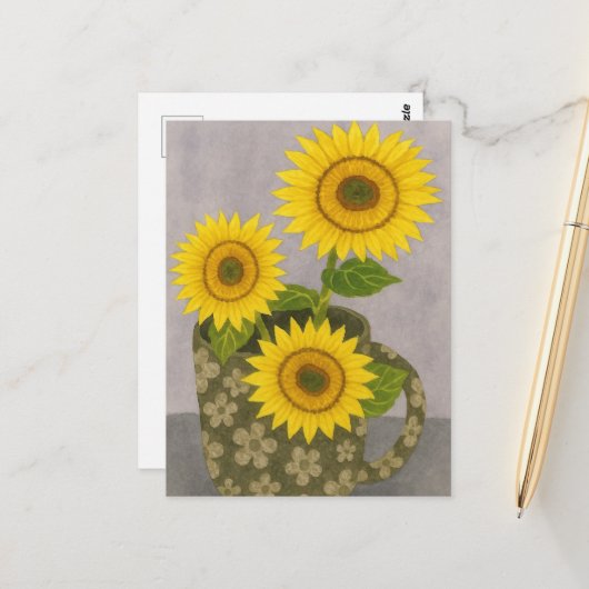 Waterverf Schilderij Zonnebloem Briefkaart (Voorkant / Achterkant in situ)