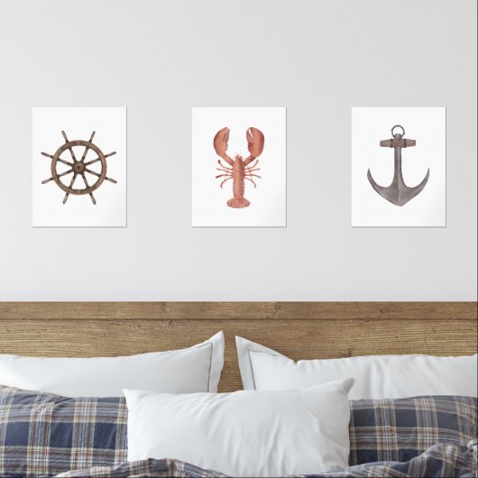 Waterverf Schip Wiel Kreeft Anker Nautisch Muurkunst Sets (Slaapkamer)