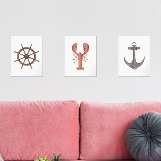 Waterverf Schip Wiel Kreeft Anker Nautisch Muurkunst Sets (Woonkamer)