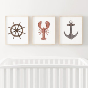 Waterverf Schip Wiel Kreeft Anker Nautisch Muurkunst Sets