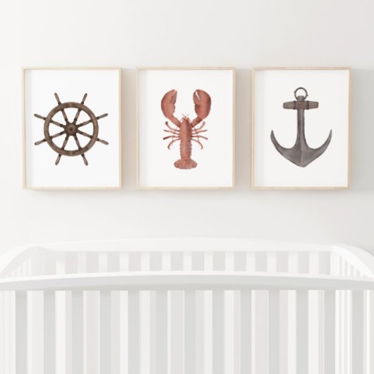 Waterverf Schip Wiel Kreeft Anker Nautisch Muurkunst Sets