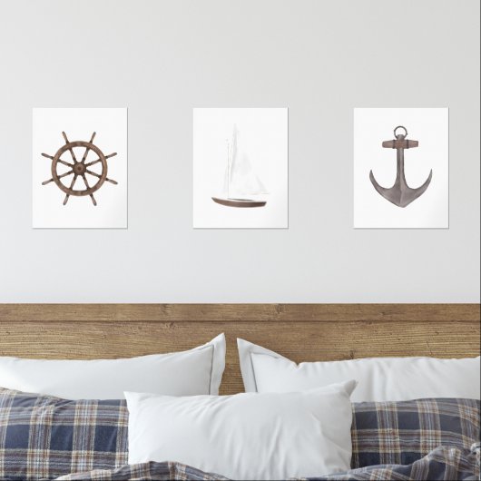Waterverf Schip Wiel Zeilboot Anker Nautisch Muurkunst Sets (Slaapkamer)