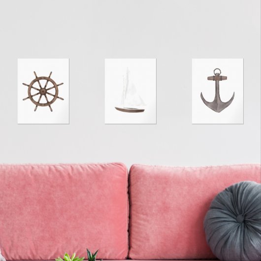 Waterverf Schip Wiel Zeilboot Anker Nautisch Muurkunst Sets (Woonkamer)