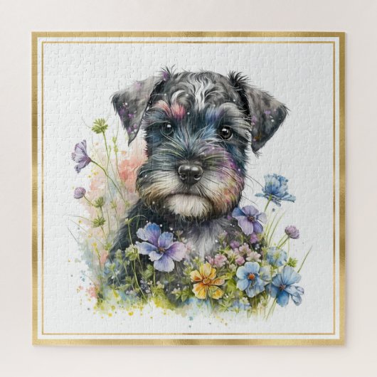 Waterverf Schnauzer Puppy met Gold Lijst Legpuzzel (Verticaal)