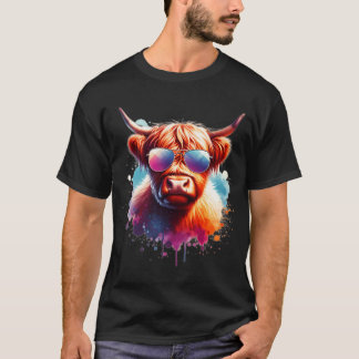 Waterverf Schotse Hoogland Koe Dragen Zonnebril T-shirt