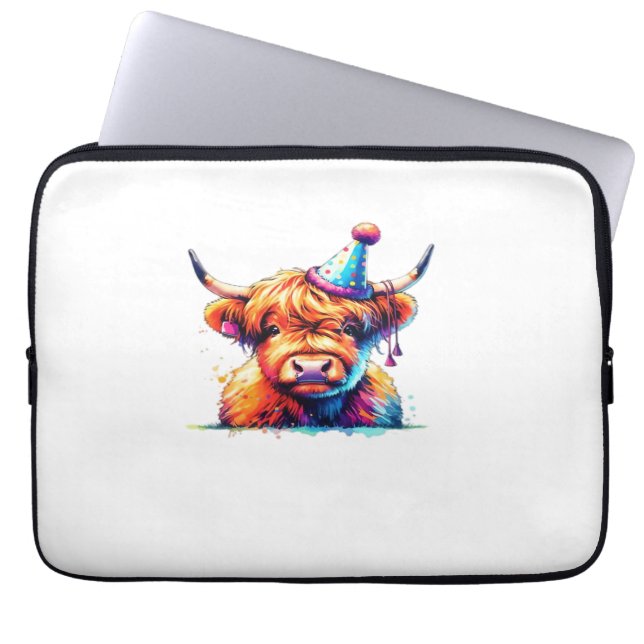 Waterverf Schotse Hoogland Koe Verjaardag Essentia Laptop Sleeve (Voorkant)