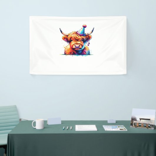 Waterverf Schotse Hoogland Koe Verjaardag Essentia Spandoek (Beurs)