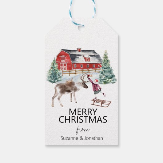 Waterverf  Schuur Meisje Rendier Kerstmis Cadeaulabel (Achterkant)