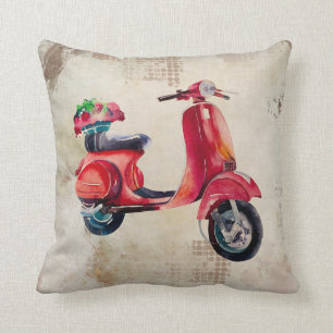 Waterverf scooter in rood met bloemetjes op de rug kussen
