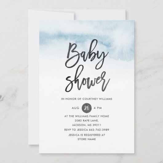 Waterverf Script Baby shower Invitation in Blue Kaart (Voorkant)