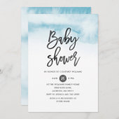 Waterverf Script Baby shower Invitation in Blue Kaart (Voorkant / Achterkant)