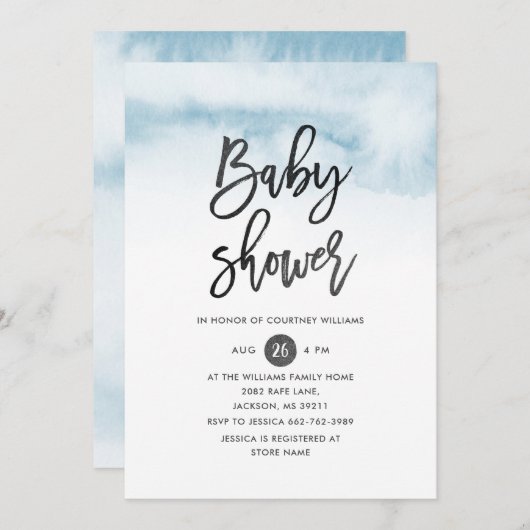 Waterverf Script Baby shower Invitation in Blue Kaart (Voorkant / Achterkant)