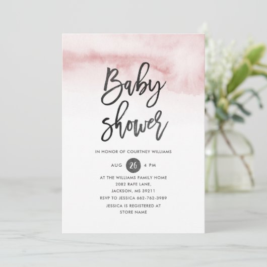 Waterverf Script Baby shower Invitation in Pink Kaart (Staand voorkant)