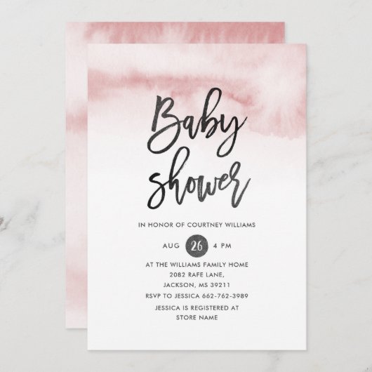 Waterverf Script Baby shower Invitation in Pink Kaart (Voorkant / Achterkant)