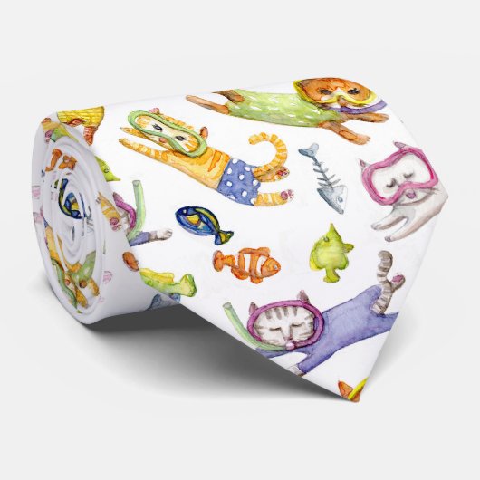 Waterverf Scuba Diving Cats Pattern Stropdas (Opgerold)