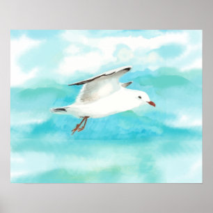 Waterverf Seagull in Rain Blue Lake Art Poster