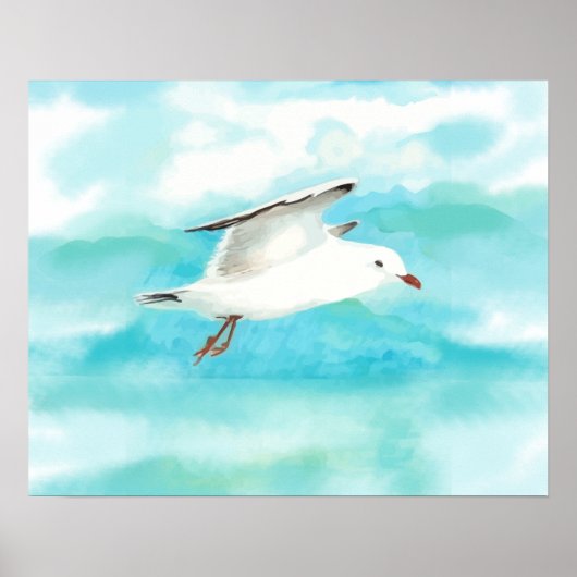 Waterverf Seagull in Rain Blue Lake Art Poster (Voorkant)