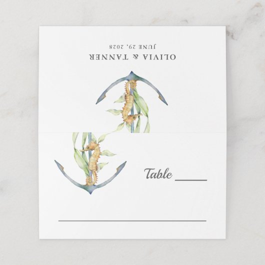 Waterverf Seahorse and Anchor Nautical Wedding Plaatskaartje (Buitenkant ongevouwen)