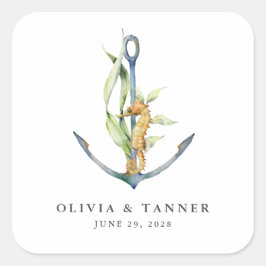 Waterverf Seahorse and Anchor Nautical Wedding Vierkante Sticker