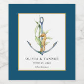 Waterverf Seahorse and Anchor Nautical Wedding Wijn Etiket (Enkel label)