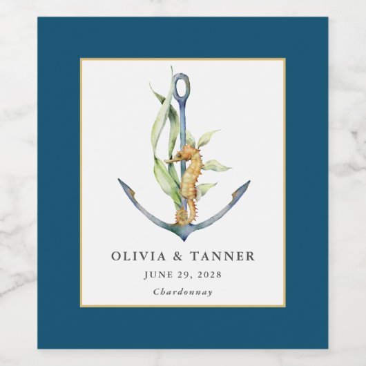 Waterverf Seahorse and Anchor Nautical Wedding Wijn Etiket (Enkel label)