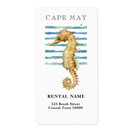 WATERVERF SEAHORSE, BEACH TOWN, CAPE KAN ADRES ETIKET (Voorkant)