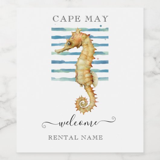 WATERVERF SEAHORSE, BEACH TOWN, CAPE KAN WELKOMEN WIJN ETIKET (Enkel label)