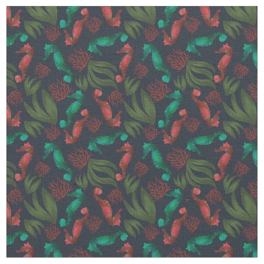 Waterverf Seahorse Blue Nautical Pattern Stof (Close Up)