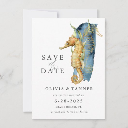 Waterverf Seahorse Coastal Theme Save the Date Kaart (Voorkant)