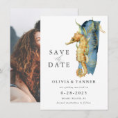 Waterverf Seahorse Coastal Theme Save the Date Kaart (Voorkant / Achterkant)