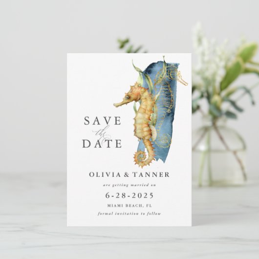 Waterverf Seahorse Coastal Theme Save the Date Kaart (Staand voorkant)