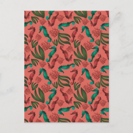 Waterverf Seahorse Coral Nautical Pattern Briefkaart (Voorkant)