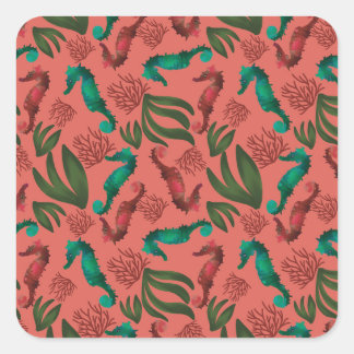 Waterverf Seahorse Coral Nautical Pattern Vierkante Sticker