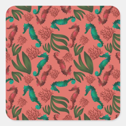 Waterverf Seahorse Coral Nautical Pattern Vierkante Sticker (Voorkant)