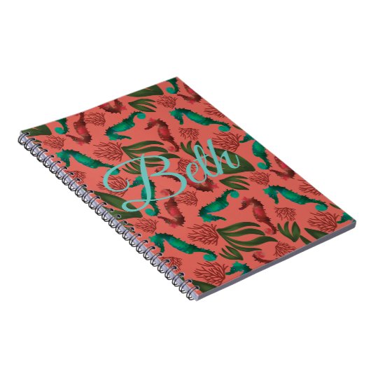 Waterverf Seahorse Coral Nautical Personalized Notitieboek (Rechterzijde)
