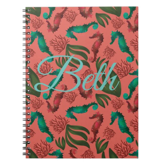 Waterverf Seahorse Coral Nautical Personalized Notitieboek (Voorkant)