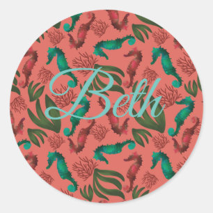 Waterverf Seahorse Coral Nautical Personalized Ronde Sticker