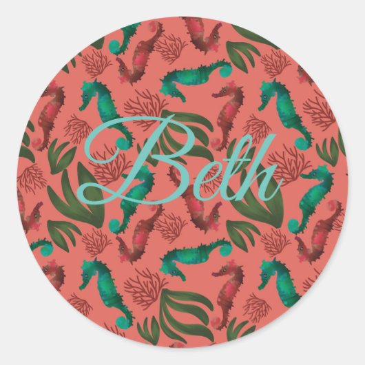 Waterverf Seahorse Coral Nautical Personalized Ronde Sticker (Voorkant)
