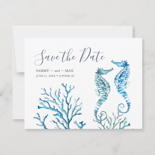 Waterverf Seahorse en Coral Save the Date (Voorkant)
