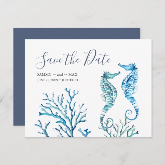 Waterverf Seahorse en Coral Save the Date (Voorkant / Achterkant)
