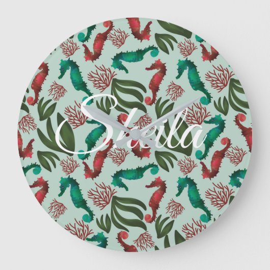 Waterverf Seahorse Mint Nautical Personalized Grote Klok (Voorkant)