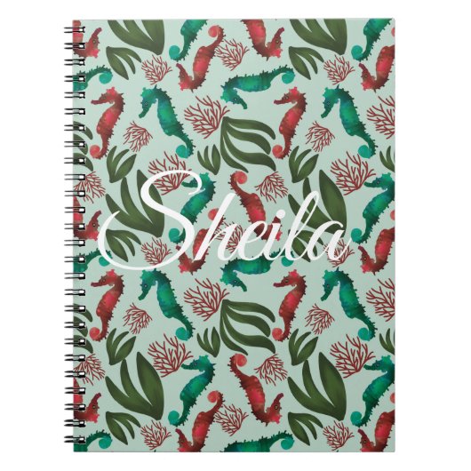 Waterverf Seahorse Mint Nautical Personalized Notitieboek (Voorkant)