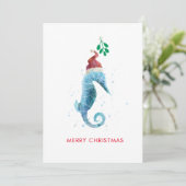 Waterverf Seahorse Mistletoe Nautical Named Feestdagenkaart (Staand voorkant)