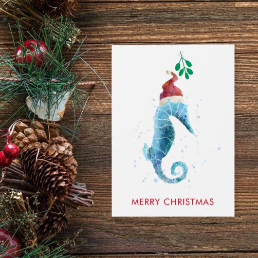 Waterverf Seahorse Mistletoe Nautical Named Feestdagenkaart