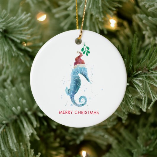 Waterverf Seahorse Mistletoe Nautical Named Keramisch Ornament (Boom)