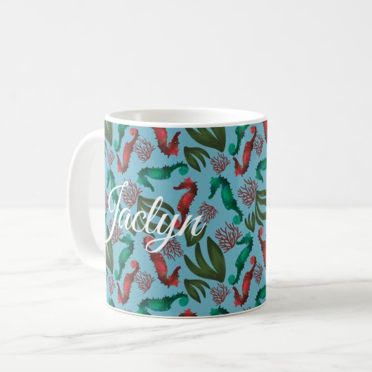 Waterverf Seahorse Nautical Personalized Koffiemok (Voorkant links)