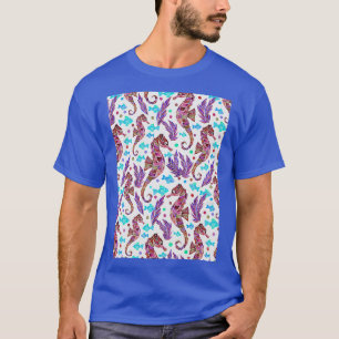 Waterverf Seahorse Pattern Dark Red Paarse Turquo T-shirt