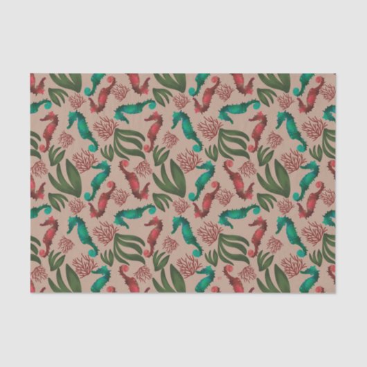 Waterverf Seahorse Pink Nautical Patroon Tissuepapier (Voorkant)