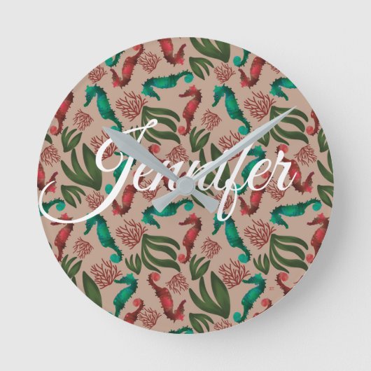 Waterverf Seahorse Pink Nautical Personalized Ronde Klok (Voorkant)